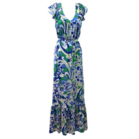 IMAN Global Chic Drapey Knit Tiered Maxi Dress Blue Green Floral Sz S Boho NWT - Picture 2 of 9